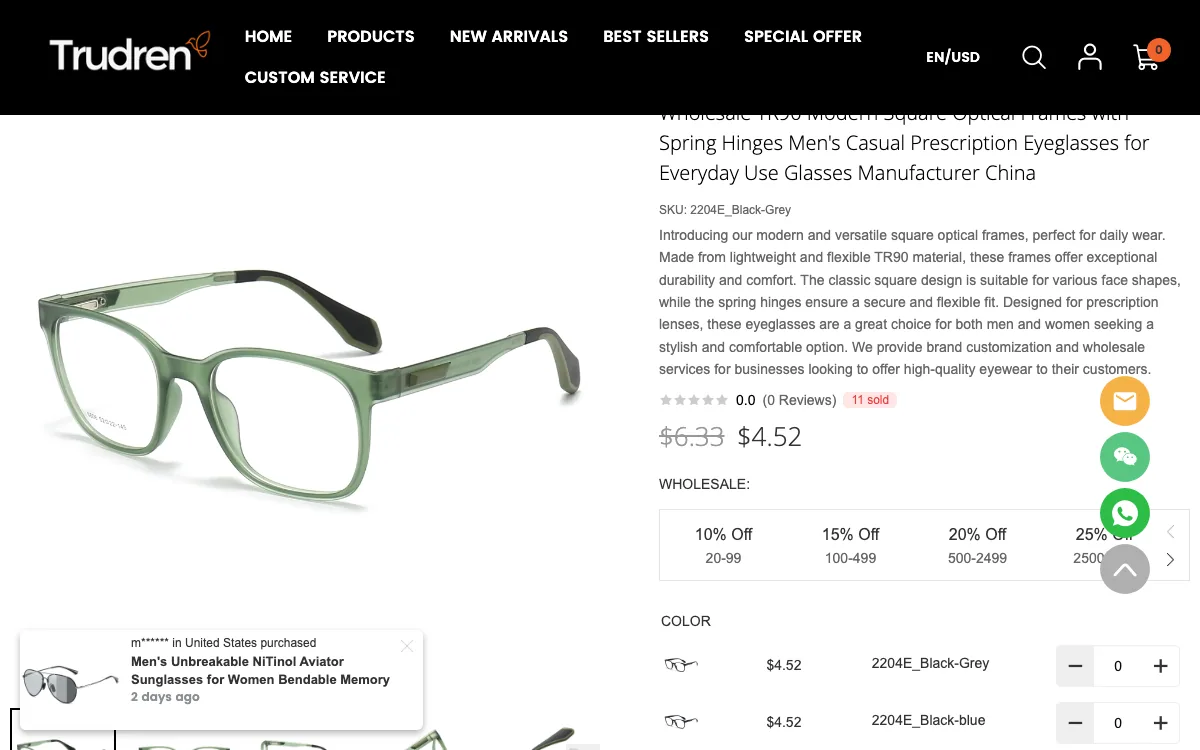 Trudren Optics official TR90 optical-frame product page showing SKU 2204E