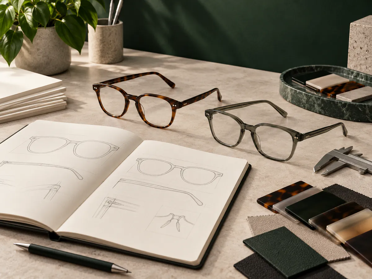 Unbranded optical frames with design sketches, material swatches, and a caliper