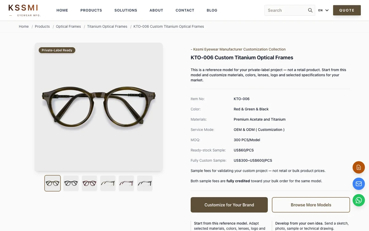 Kssmi official KTO-006 acetate and titanium private-label reference model page