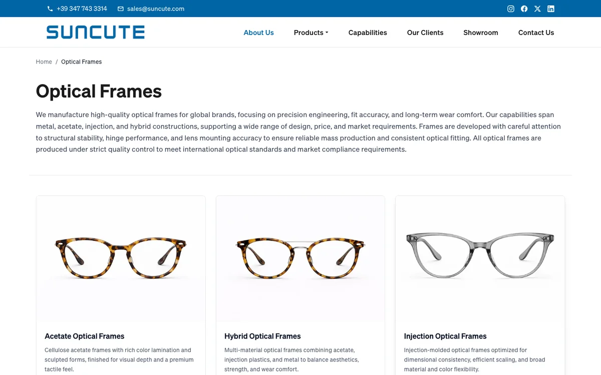 Suncute Industries official optical frames page with material and construction categories