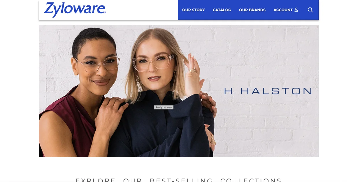 Zyloware official website showing its navigation and Halston eyewear campaign