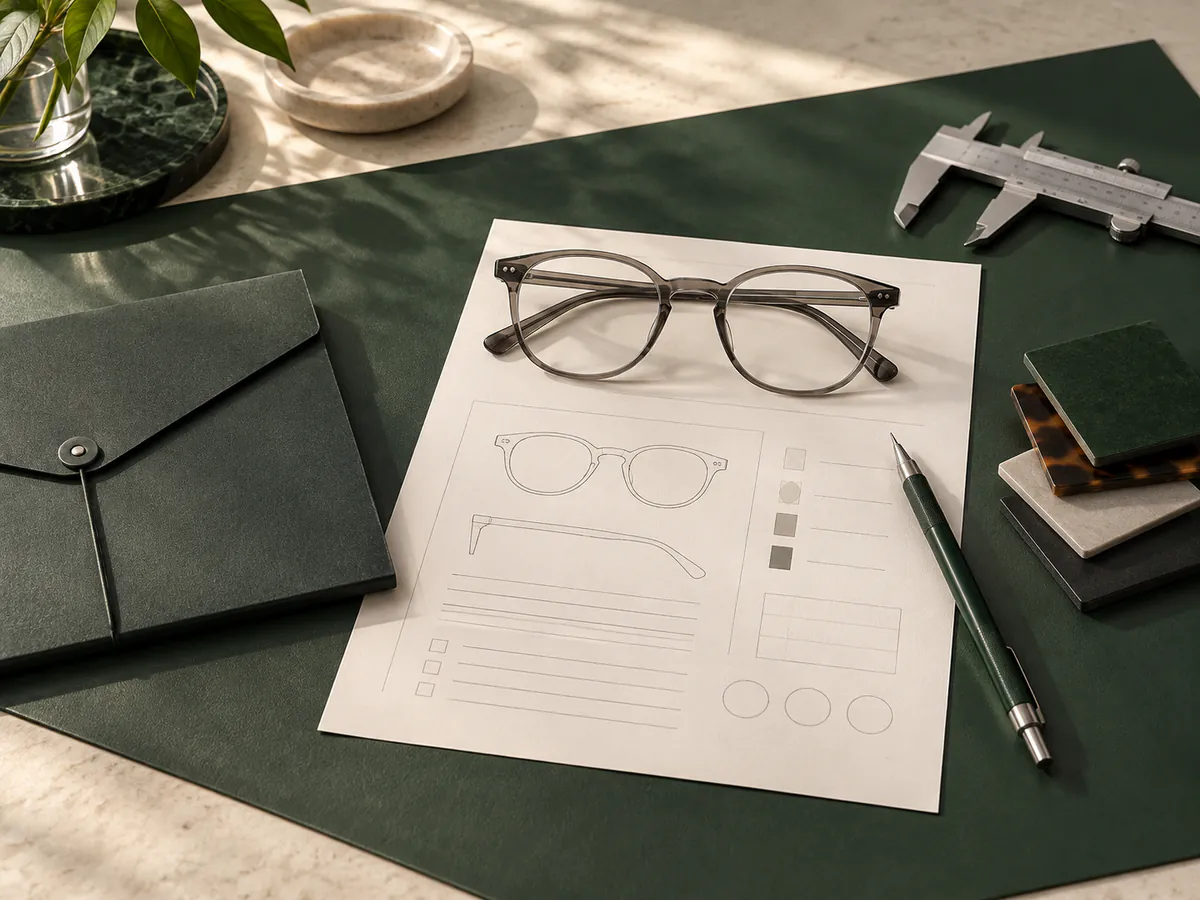 Eyeglass frame sample beside a project brief, finish samples, and measuring tools