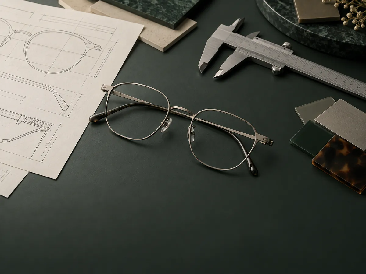 Eyeglass frame sample with development drawings, material swatches, and a caliper