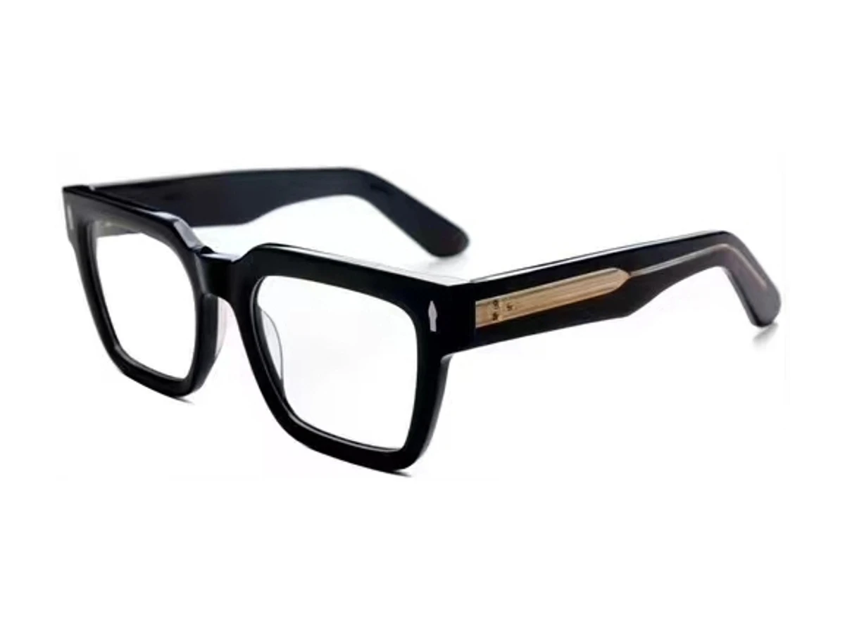 Finished black acetate eyeglass frame model 23049 shown at an angle