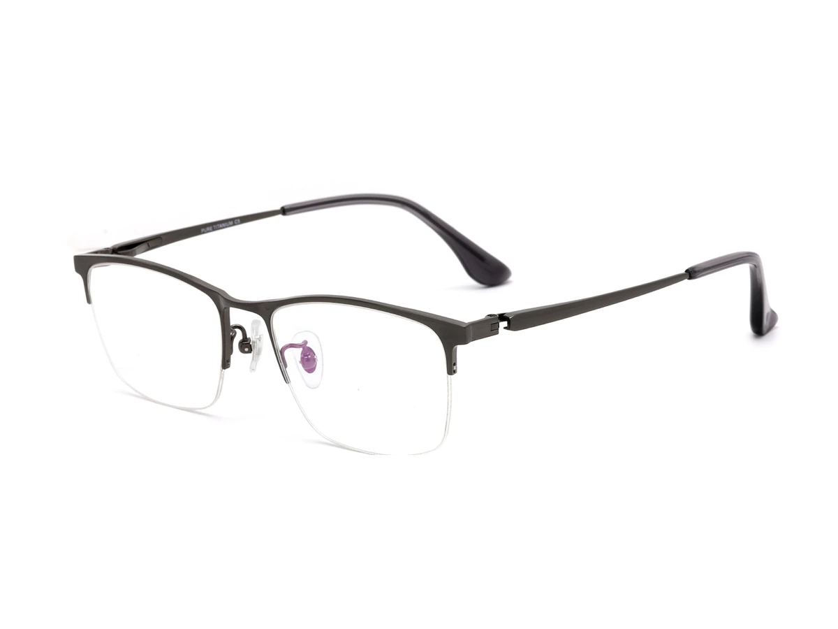 Gunmetal CK0010 eyeglass frame shown at an angle with separate clear nose pads and their supports visible